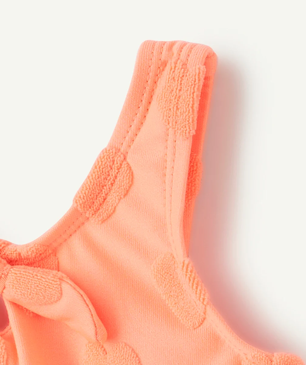 maillot de bain 1 pièce bébé fille en fibres recyclées orange fluo imprimé coeur