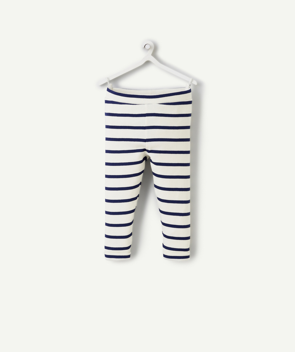 LEGGING CÔTELÉ BÉBÉ FILLE EN COTON BIO ÉCRU À RAYURES BLEUES