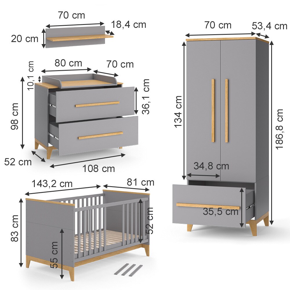 VitaliSpa Babymöbel Set Malia Grau Eiche Wickelkommode Wandregal Kinderbett Kleiderschrank Kinderzimmermöbel Wickelauflage Aufbewahrung Lattenrost Rausfallschutz Kleiderstange