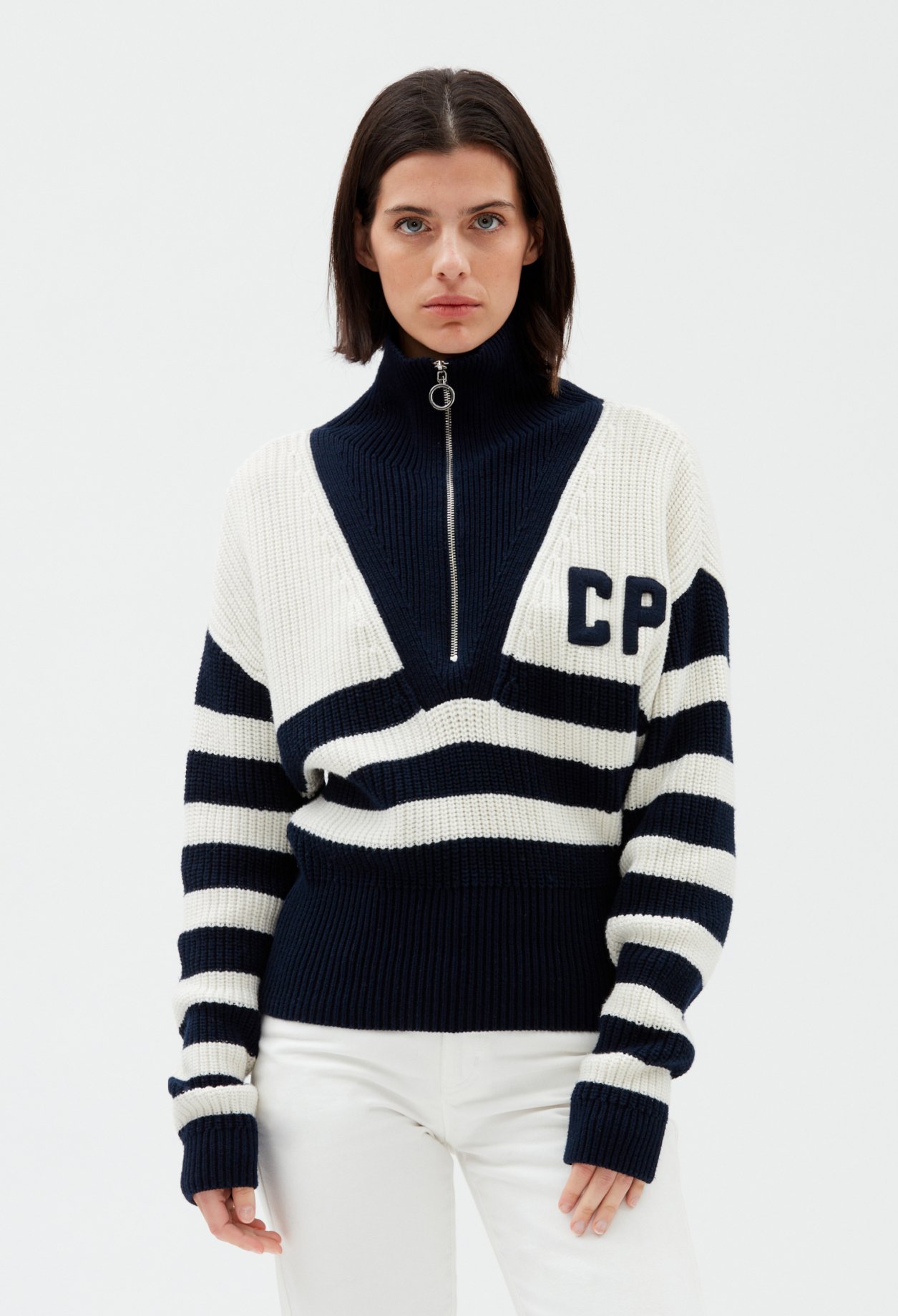 Pull raye col montant zippe