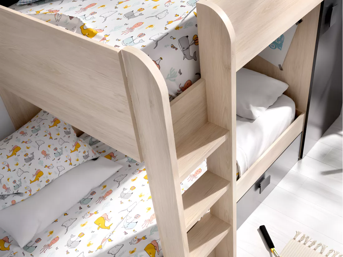 Lits superposés d'angle réversibles RICARDO - 2 x 90 x 190 cm - Rangements intégrés - Chêne et anthracite + matelas