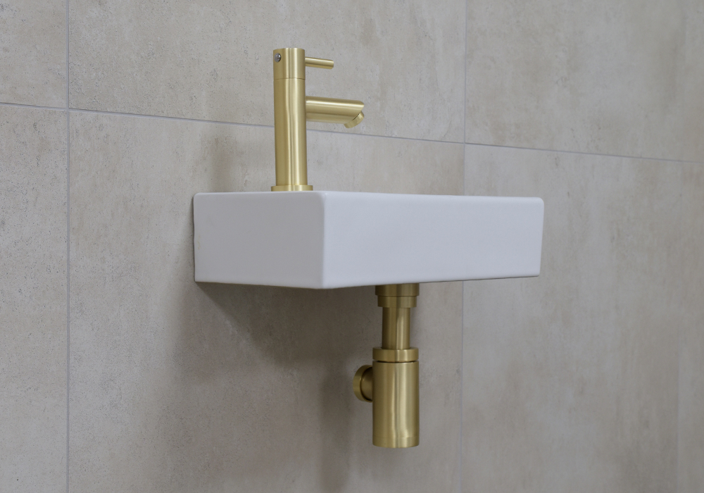 Mueller Mini Rhea 36x18x9cm fonteinset mat wit met gouden kraan links