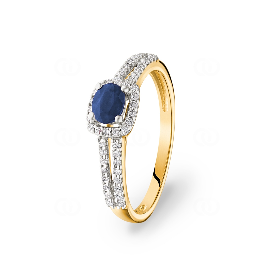 Damenring 750/18 K Gelbgold mit Saphir oval und Diamanten 0.20 ct H/si