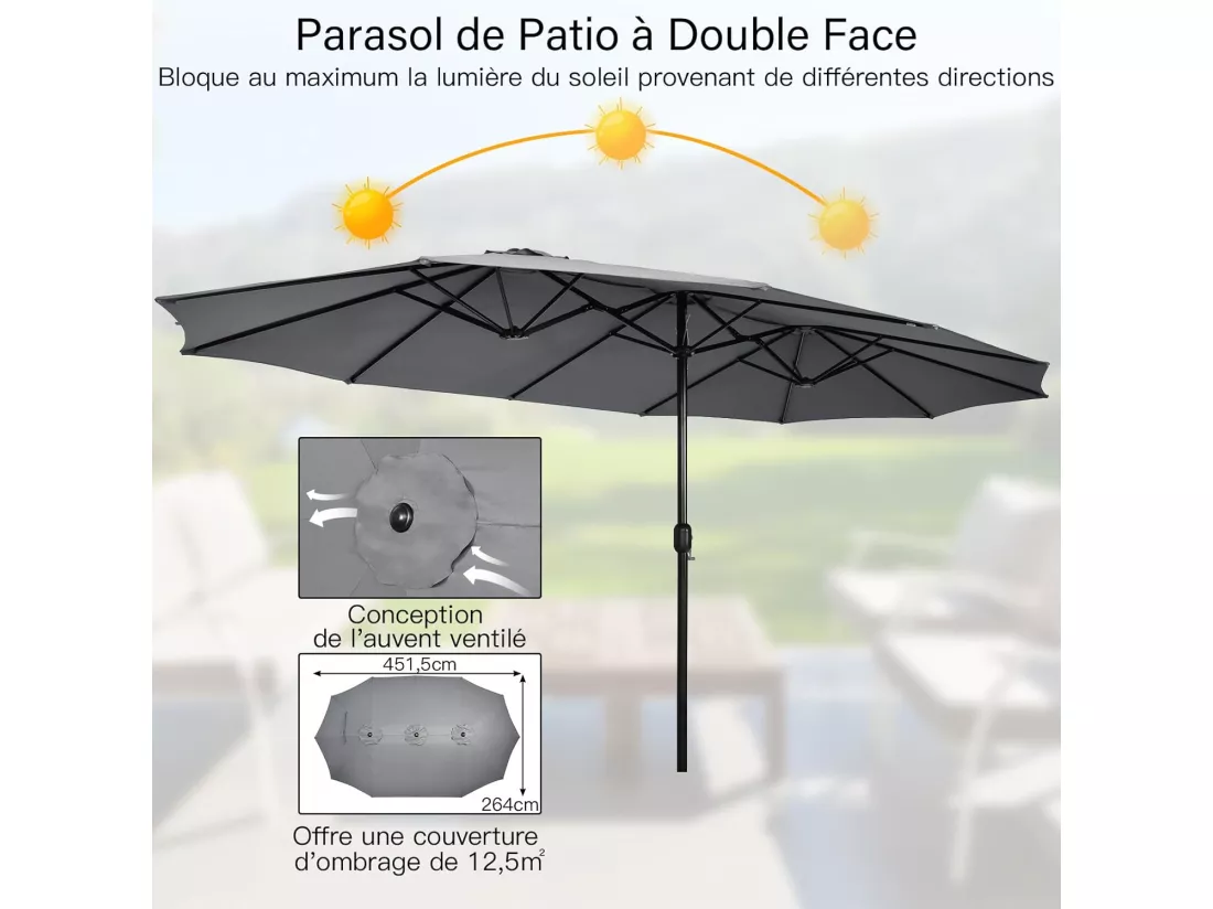 Parasol de Jardin Double 451,5 x 243CM, Parasol Rectangulaire Extra Large avec Base Robuste en Métal et Manivelle, Parasol Jumeau avec Poteau Métallique, pour Patio, Cour, Piscine (Gris)
