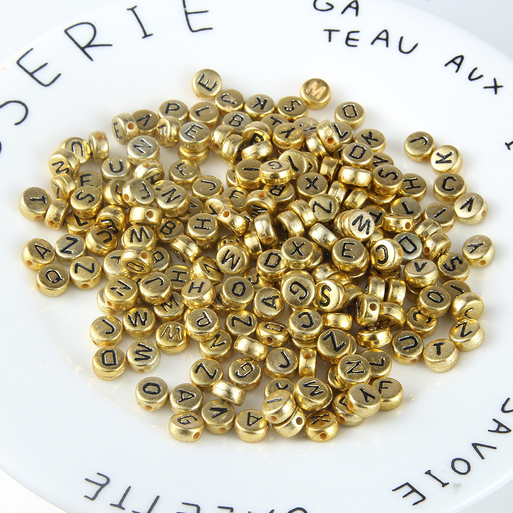 (100er Set) Buchstaben Perlen DIY Bastel Schmuck Zwischenperle für Armband / Kette - Gold / Schwarz