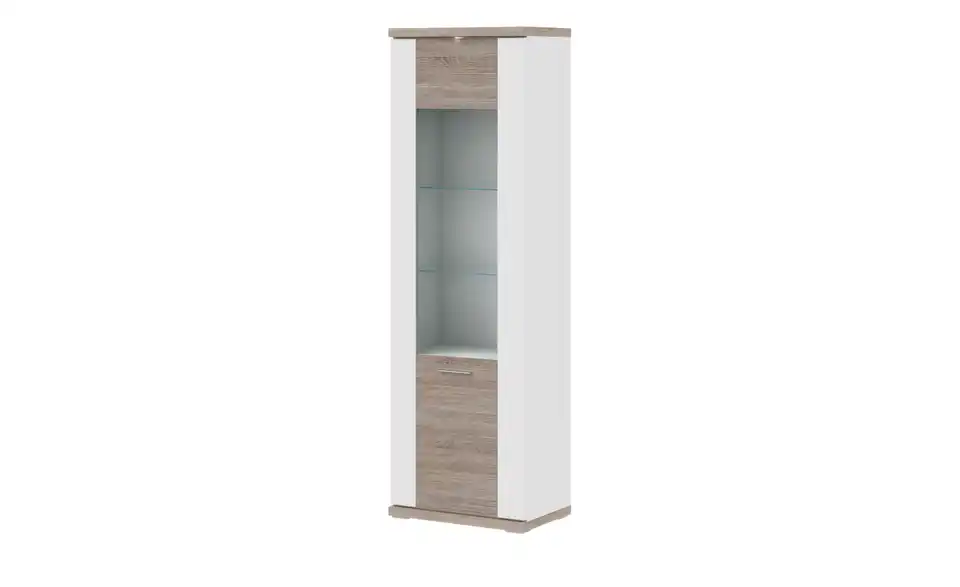 Vitrine Toulon Weiß, Hochglanz, Eiche sägerau (Nachbildung) links Spotbeleuchtung