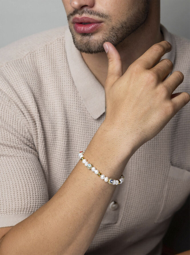 Nialaya Men's Evil Eye Pearl Bracelet Multi