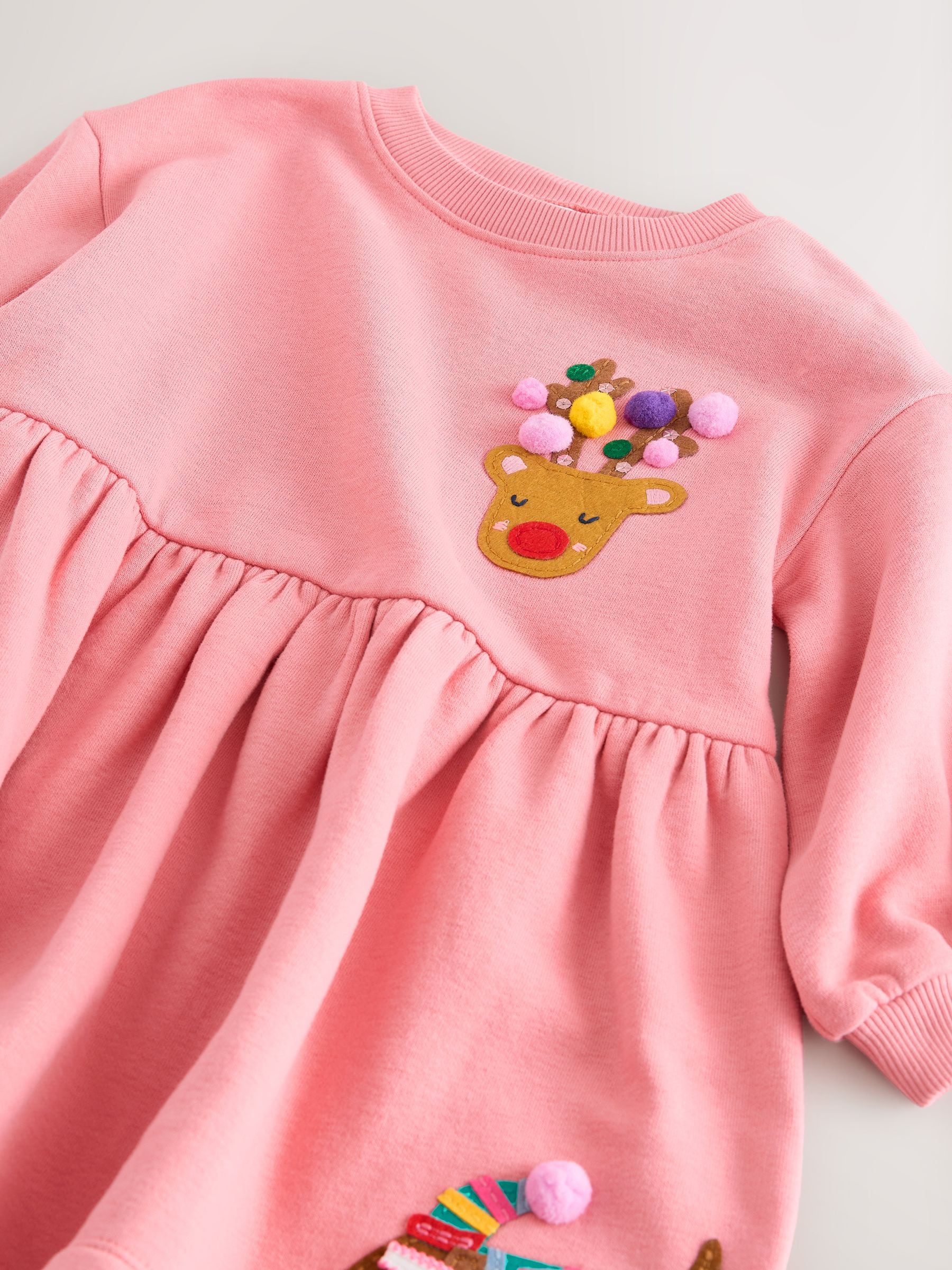 Roze Kerstmis - Sweatjurk met versiering (3mnd-7jr)