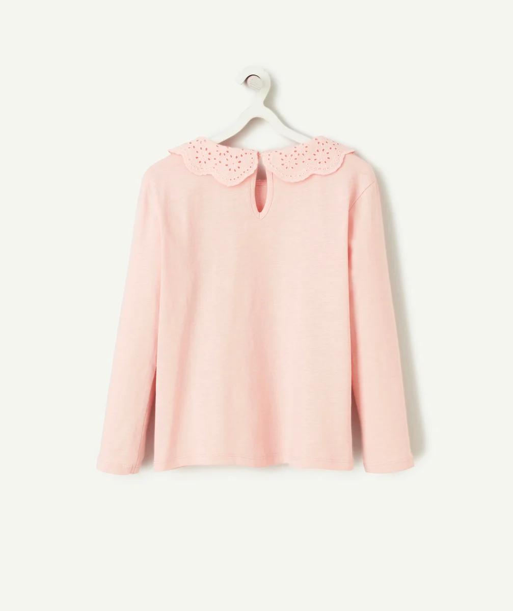 T-SHIRT FILLE EN COTON BIOLOGIQUE ROSE AVEC COL CLAUDINE BRODÉ