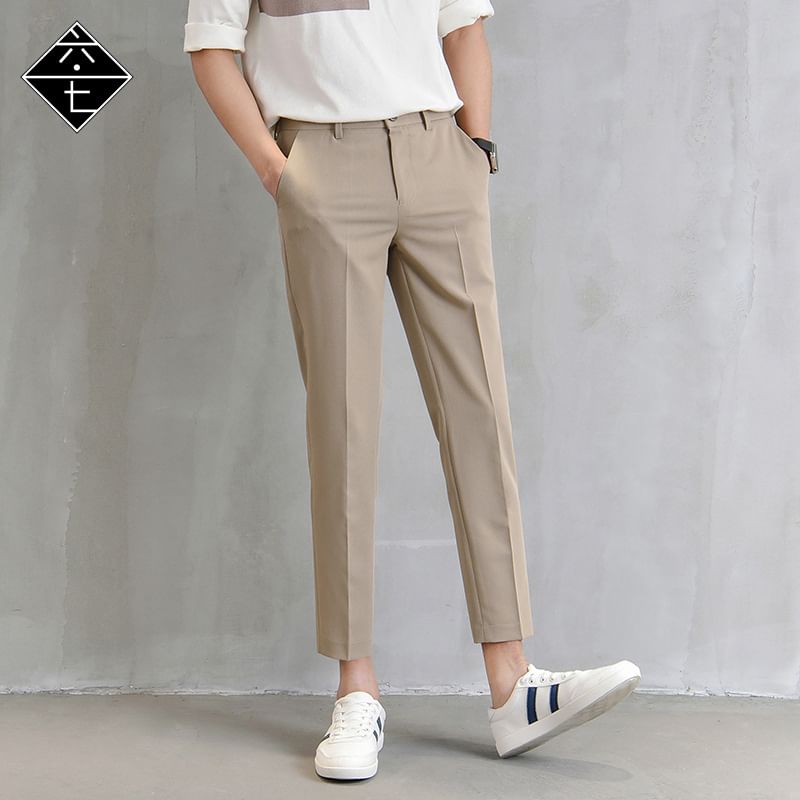 Macho - Mid Rise Plain Cropped Slim Fit Dress Pants