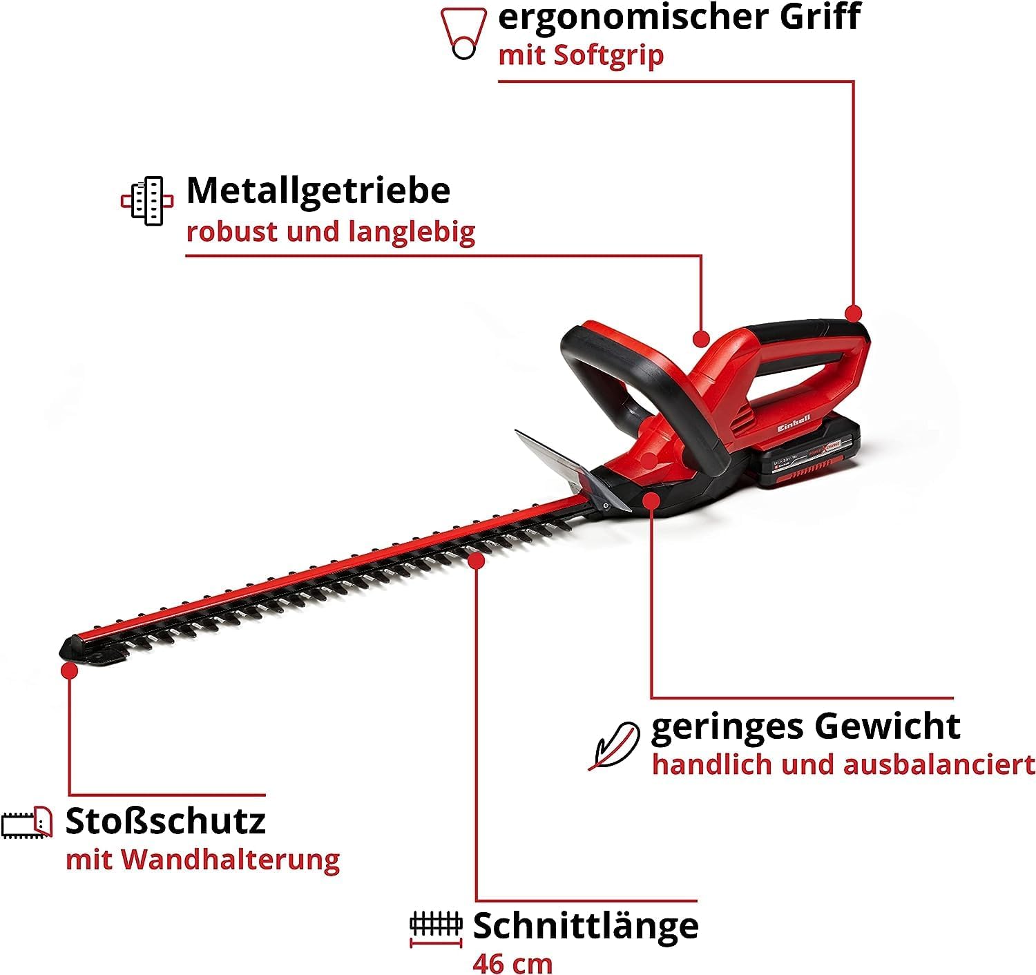 Einhell Akku Heckenschere GC-CH 1846 Li Kit Power X-Change (18 V, 46 cm Schnittlänge, 15 mm Zahnabstand, ergonomischer Griff, inkl. 2,0 Ah Akku und Ladegerät)
