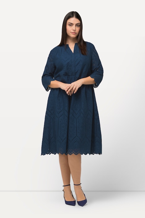 Midikleid, Lochspitze, Tunika-Ausschnitt, 3/4-Arm