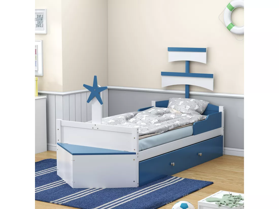 Lit gigogne 90 x 200 cm + 90 x 190 cm avec placard de rangement - Bois MDF - Bleu (sans matelas)