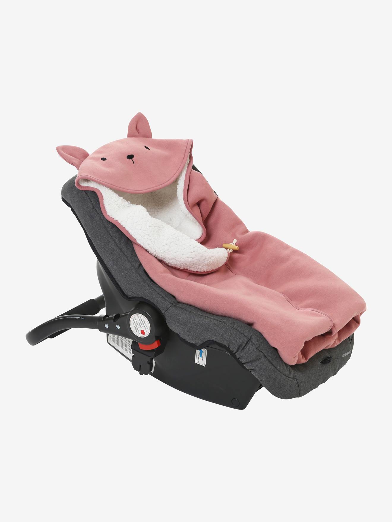 Manta para bebê com capuz e forro de pelúcia, rosa médio liso com estampas.