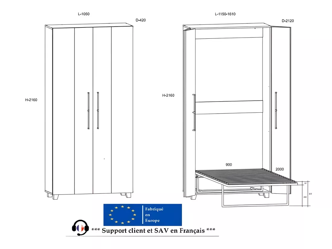 Armoire Lit escamotable Vertical 90x200 cm couleur avec porte Tabac foncé Lit Rabattable Lit Mural Todor