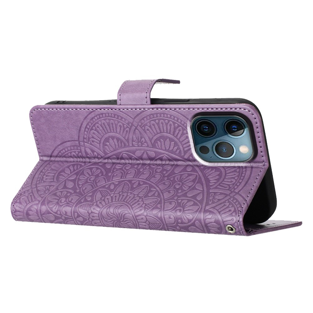 iPhone 16 Pro Max Leder Tasche Wallet - Mandala Flowers Imprint - Lila