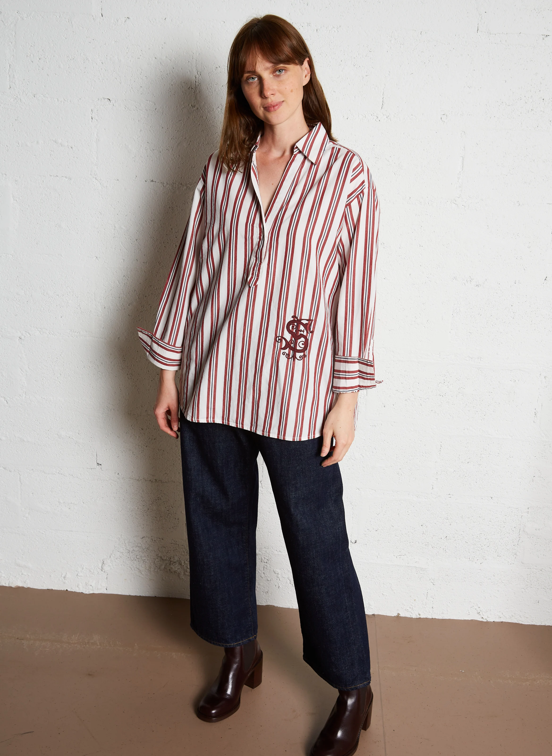 ANNABELLE - Tunique col classique ample en coton rayé | Rouge
