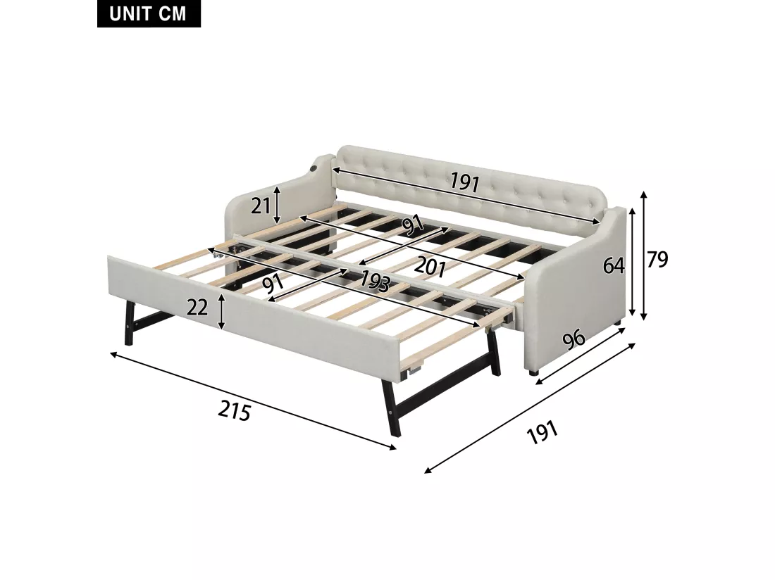 Lit gigogne 90/180x200cm, canapé lit extensible, méridienne avec port USB, sans matelas, beige