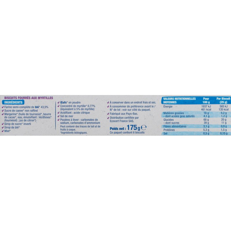 Fourrés aux myrtilles Bio Bjorg - Paquet de 175 g