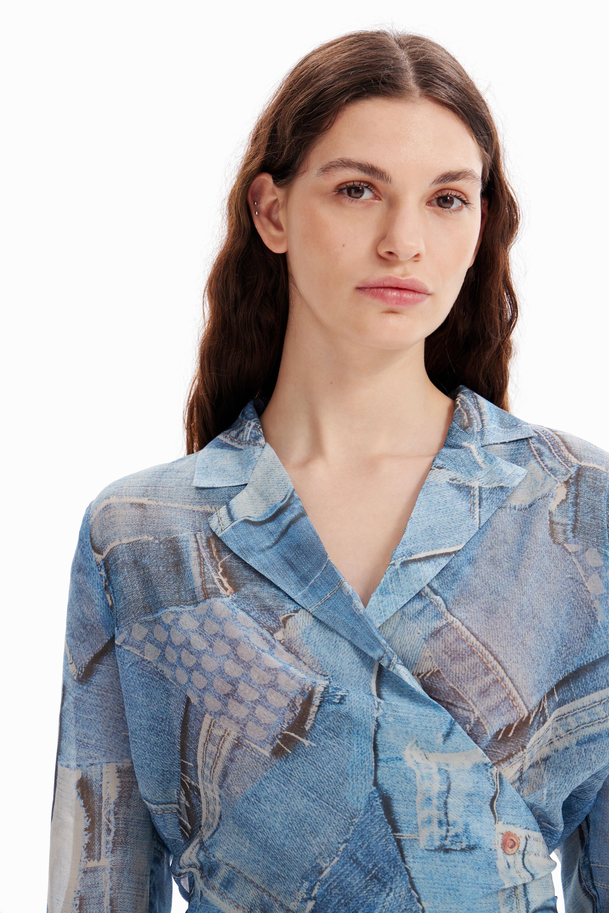 Blouse croisée patchwork denim