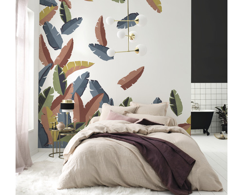 Vliesbehang 688108 Tropisch Huis bladeren blauw groen rood 8-delige set 300 x 400 cm