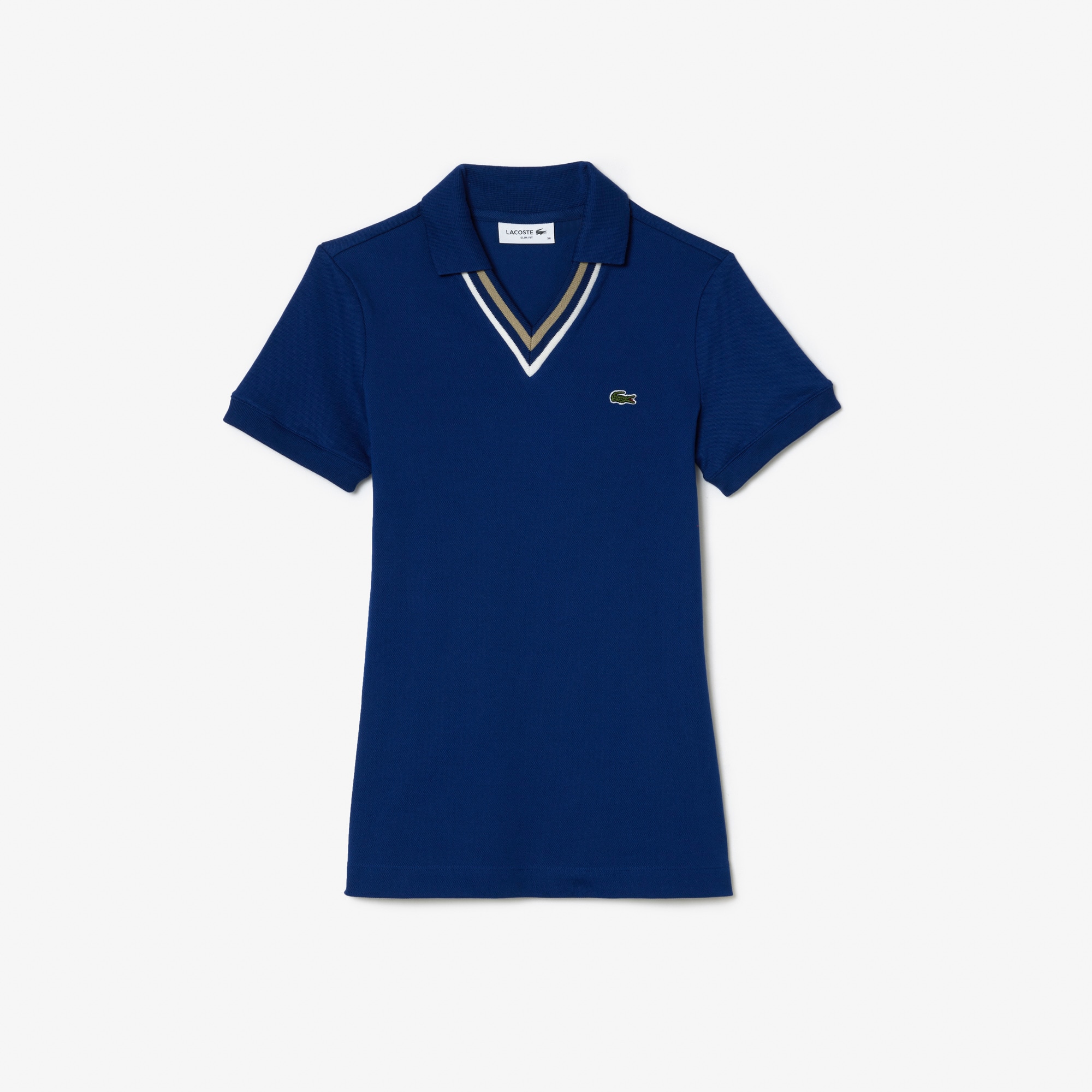 Polo slim fit col V en petit piqué extensible Manches Longues - Bleu - Lacoste - Femme