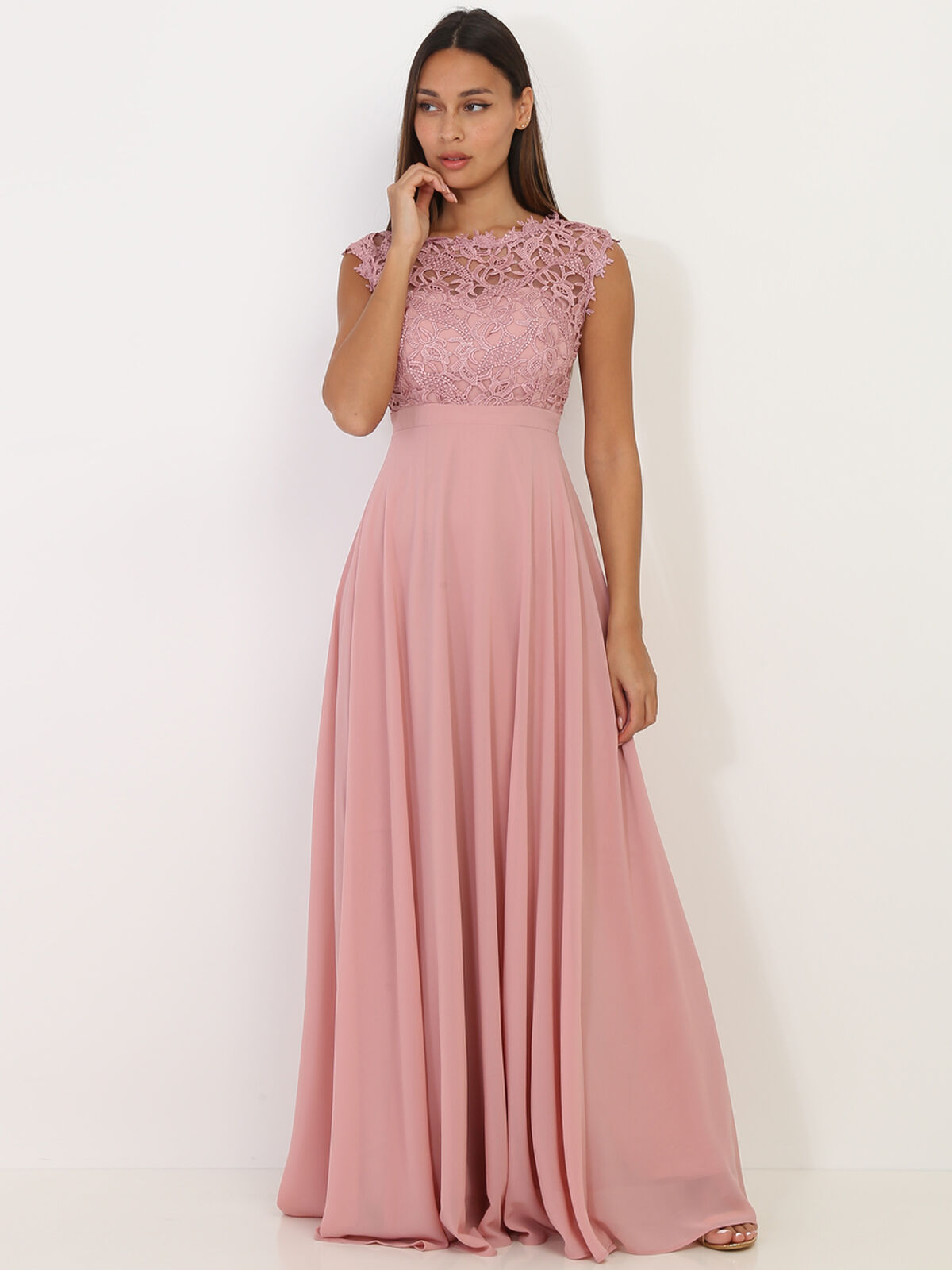 Robe longue à dentelle grandes tailles- Vieux rose
