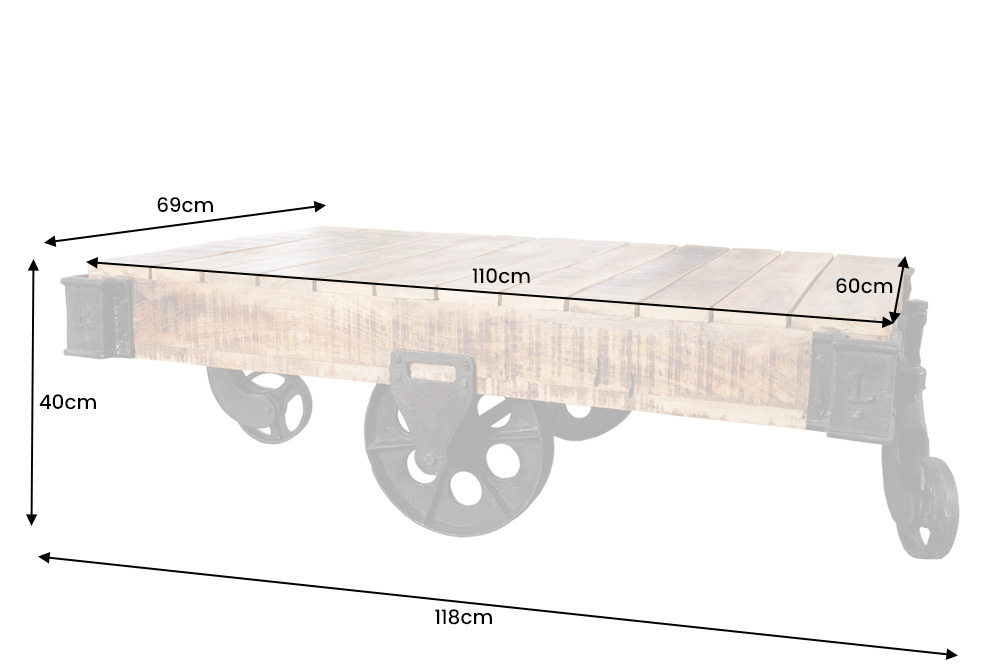 Massiver Design Couchtisch RAILWAY 110cm Mangoholz mit 4 Rädern