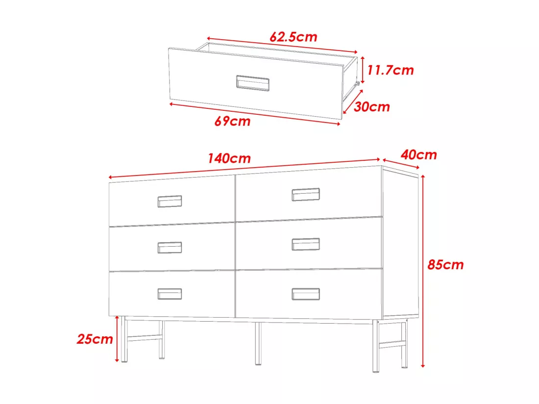 Commode moderne avec 6 tiroirs pieds et poignées en métal Chambre Salon Bureau 40x69.5x95cm Blanc