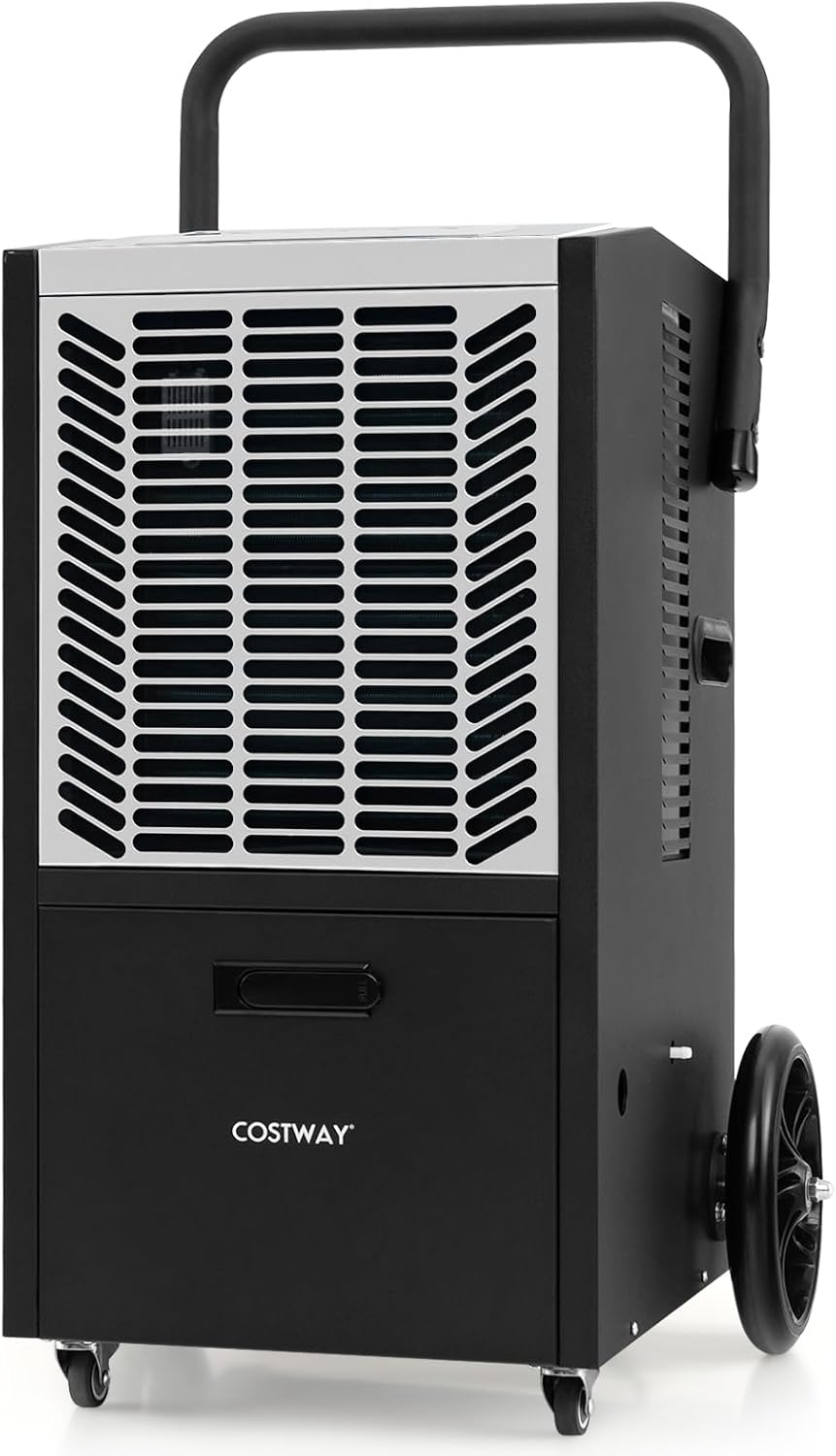 COSTWAY 66 L/Tag Luftentfeuchter, Bautrockner mit Pumpe & Ablaufschlauch, Industrie Trocknungsgerät mit 24H Timer & 4 Rädern für Keller, Lager, Baustelle (schwarz und weiß)