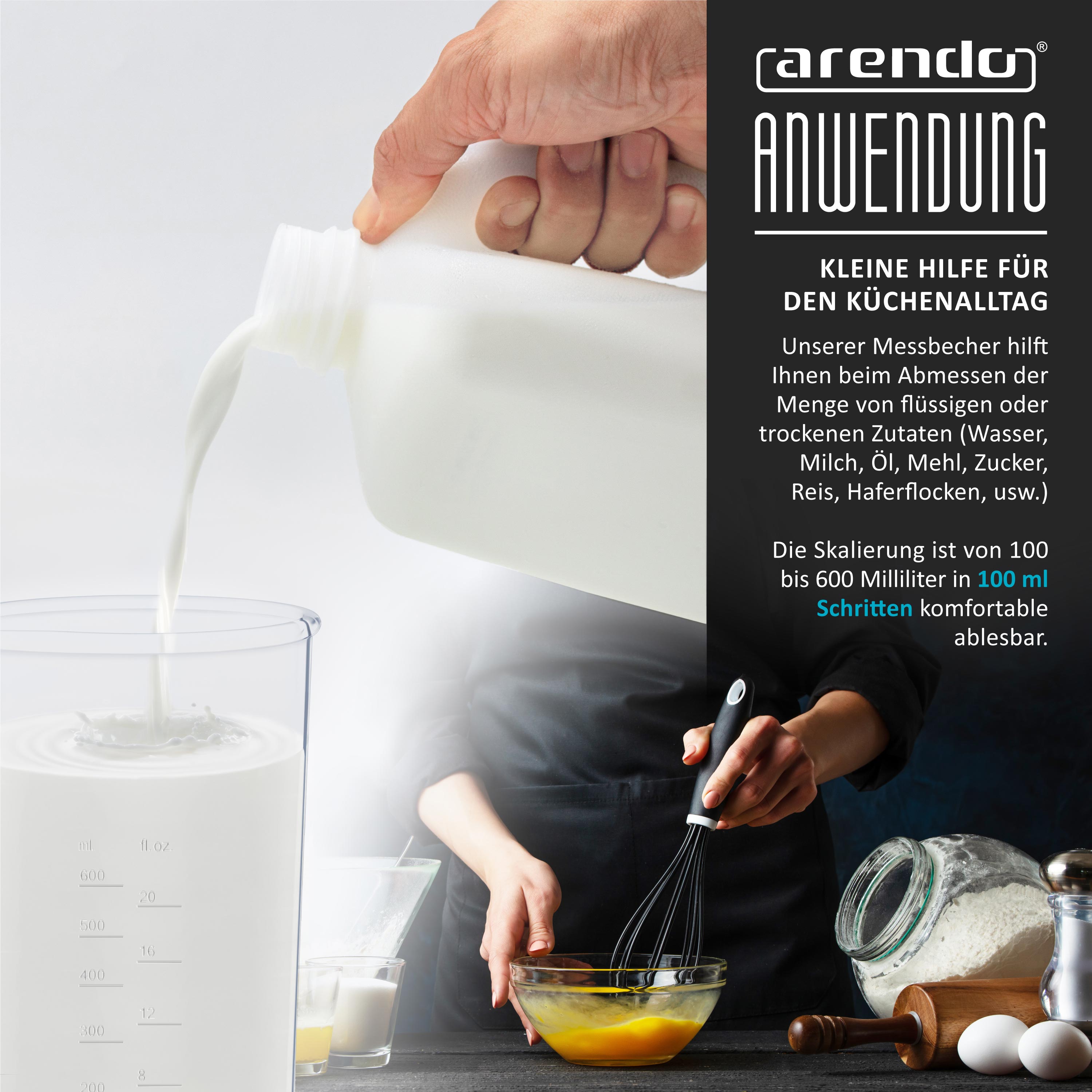 Arendo 600 ml Messbecher, für Handrührer & Handmixer geeignet, mit Verschlusskappe, Transparent