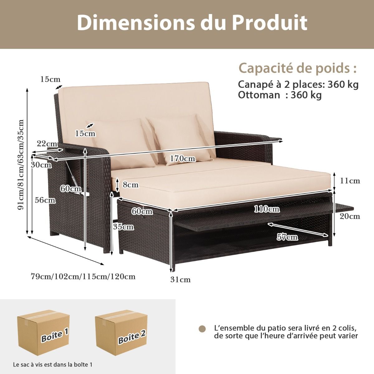 Salon de Jardin Extérieur Ajustable à Lit, 2 Place avec Stockage Caché, Dossier Réglable à 4 Niveaux en Rotin PE - Lidl-Manfred