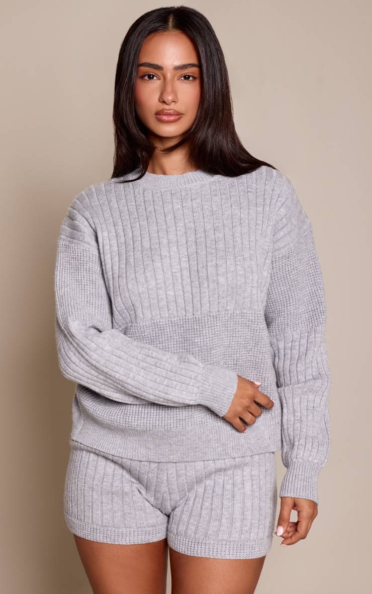 Gris Chiné Short Mini En Maille Côtelée Petite