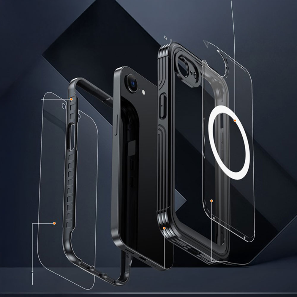 iPhone 16e Magnetische Schutzhülle mit Panzer Glas Backcover   Displayschutz (Magnet-Technologie) - Schwarz / Grau