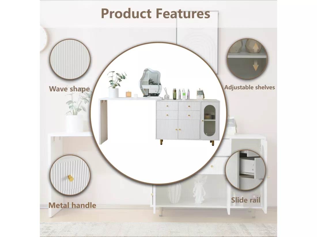Coiffeuse pivotante escamotable avec miroir à LED - 4 tiroirs et 3 compartiments - Blanc (tabouret non inclus)