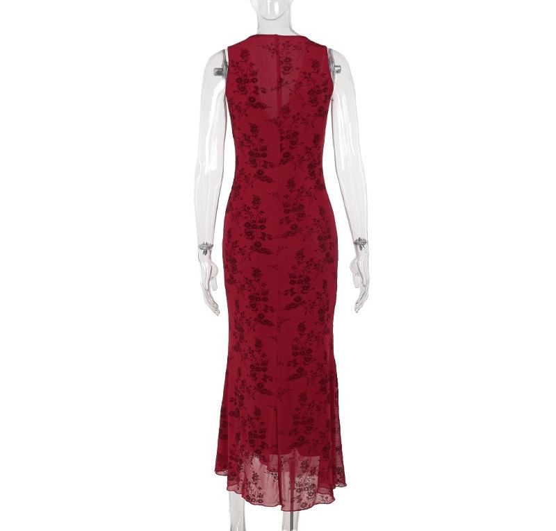 pitaluka - Mouwloze V-hals maxi-A-lijn jurk met bloemenprint en mesh
