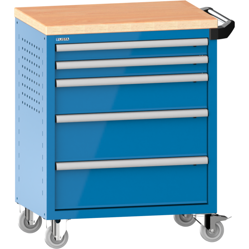 LISTA - Chariot d'atelier H 94,5 x L 83,3 x P 52,5, revêtement en bois multiplex, 5 tiroirs