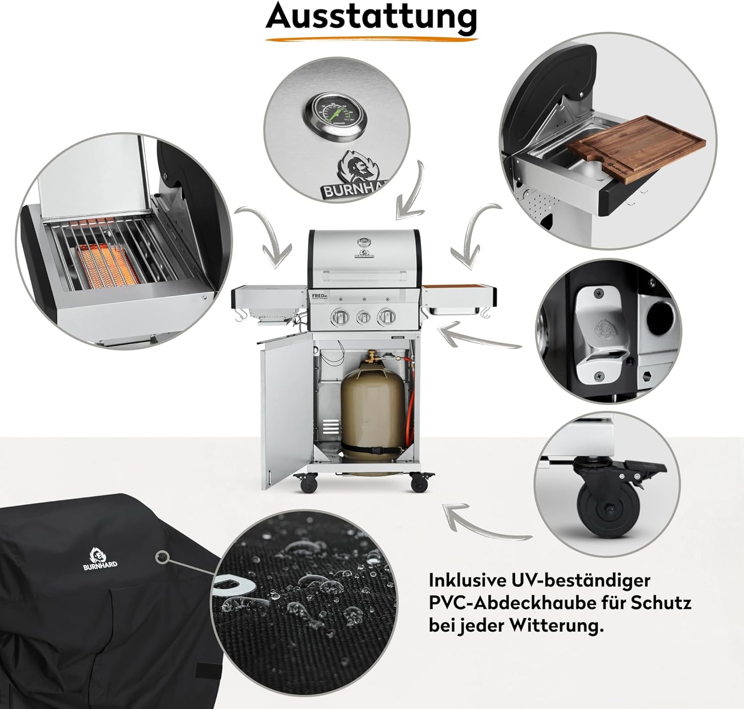 BURNHARD® Gasgrill 2-Brenner 900°C Infrarot-Keramikbrenner, Gusseisen-Grillrost, Edelstahl Grillwagen, klappbare Seitentische, Grillabdeckung – FRED Jr. Deluxe