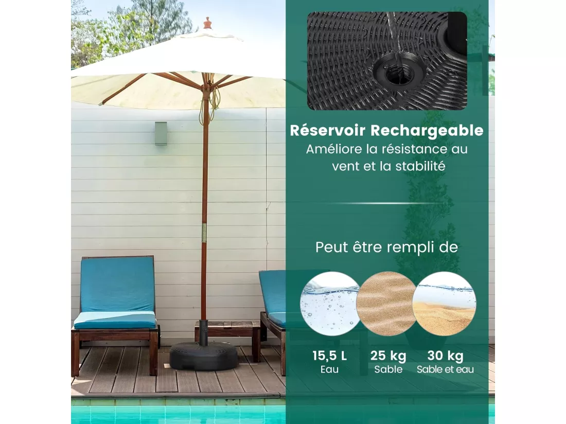 Pied de Parasol Lourd pour Parasolφ38 mm/48 mm, Socle Parasol Extérieur en HDPE Rempli de 30 kg Sable/ 15,5L Eau, pour Terrasse Piscine Patio Jardin Restaurant, Dia.45 x H30 cm