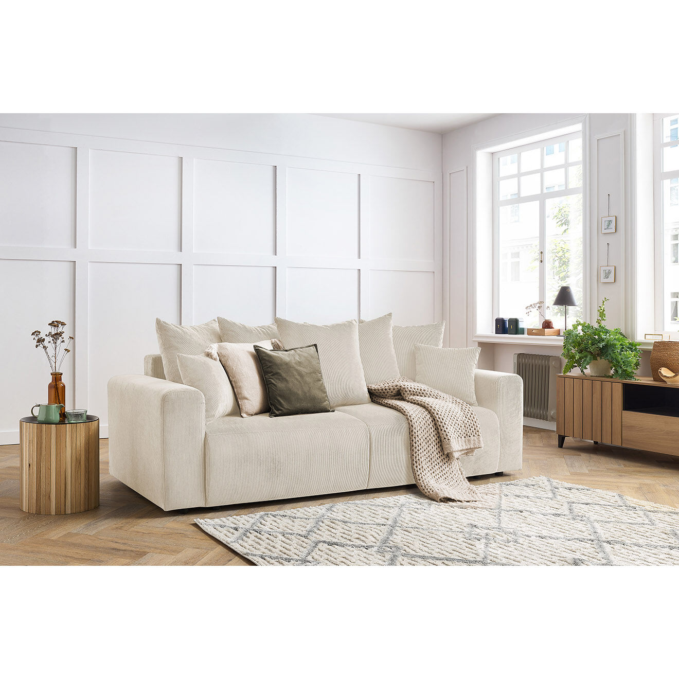 Bobochic Canapé droit fixe 3 places envy velours côtelé beige - 240x100x95 cm