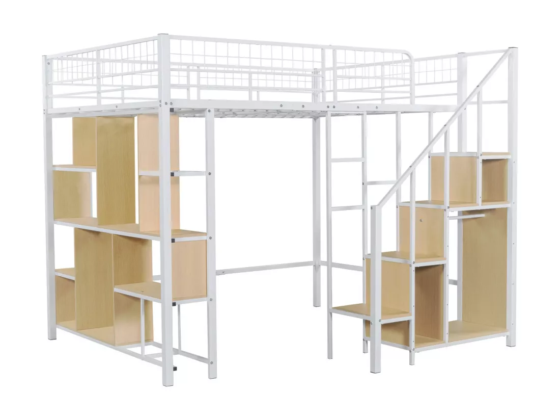 Lit mezzanine 140 x 200 cm avec armoire et étagères - Métal + Contreplaqué + MDF - Sommier à lattes - Blanc
