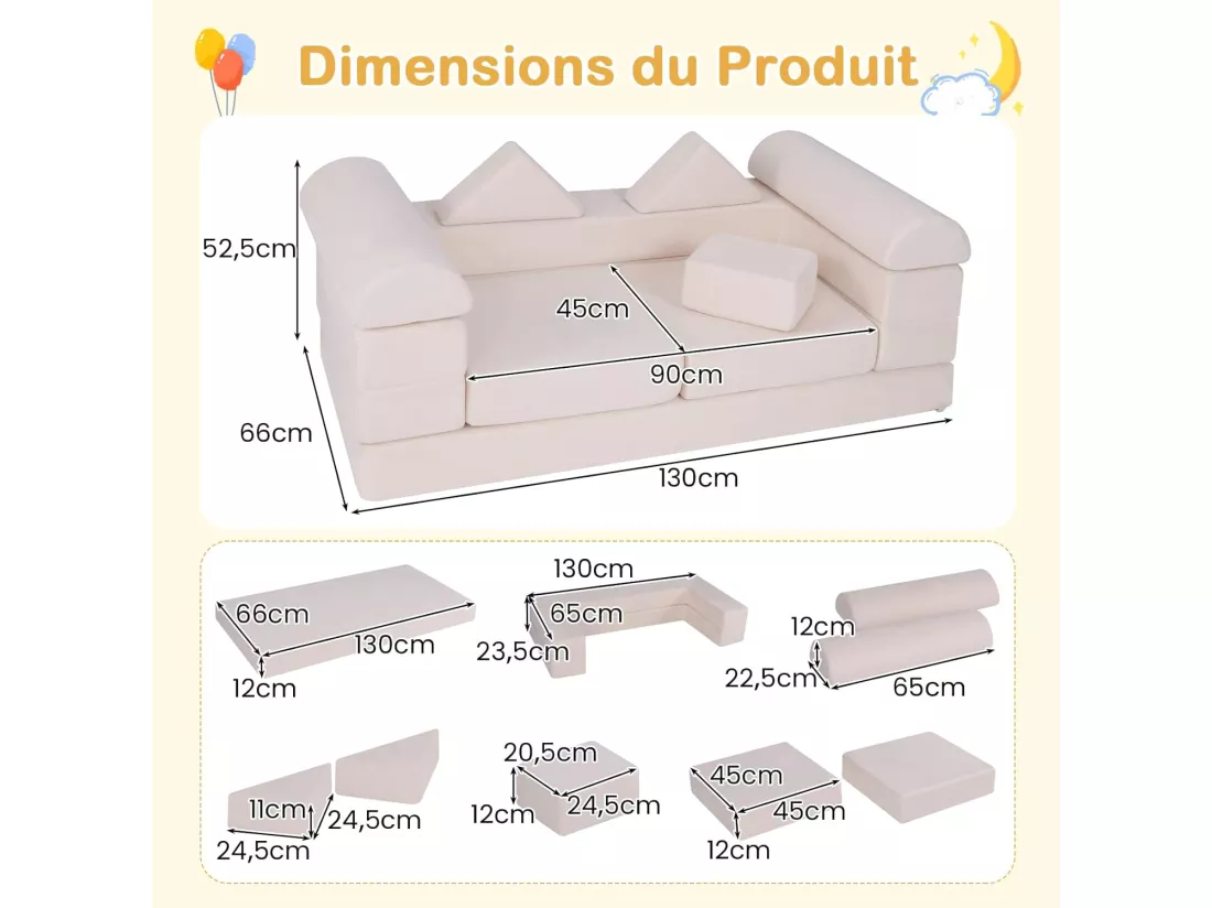 9PCS Canapé Modulaire pour Enfants en Tissu Daim, Canapé Enfant Convertible 2 Places avec Housses Amovibles & Lavables, Canapé en Mousse pour Salle de Jeux et Chambre, 3 Ans+ (Beige)