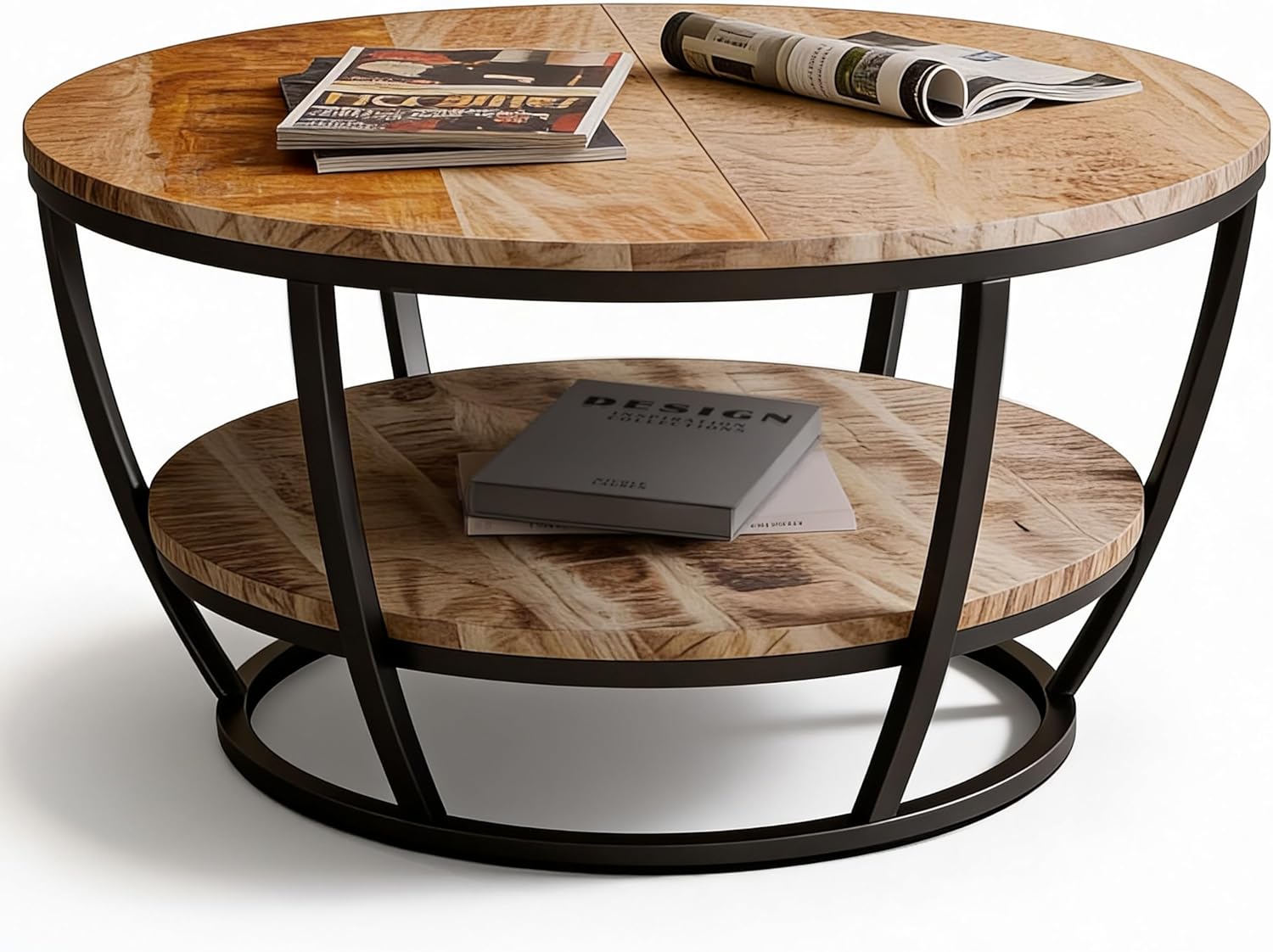 Couchtisch Gianna, rund 86cm, Tischplatte aus Mangoholz, Metallgestell in Schwarz, mit zusätzlicher Ablage