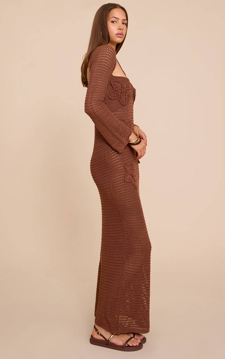 Chocolat Robe Longue En Crochet À Manches Longues Avec Appliqués Floraux