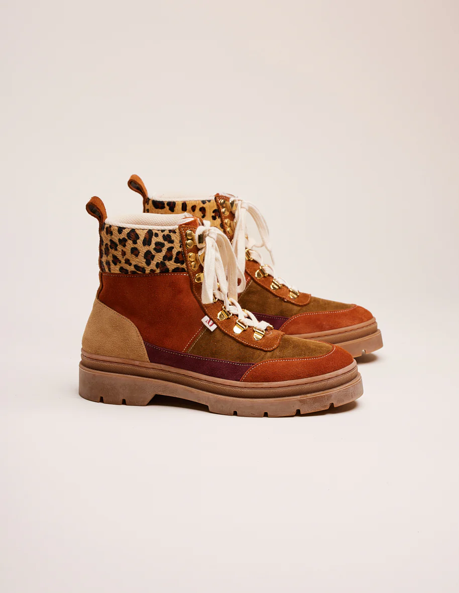 Bottines à lacets Joelle - Suède et pony cognac ambre marron