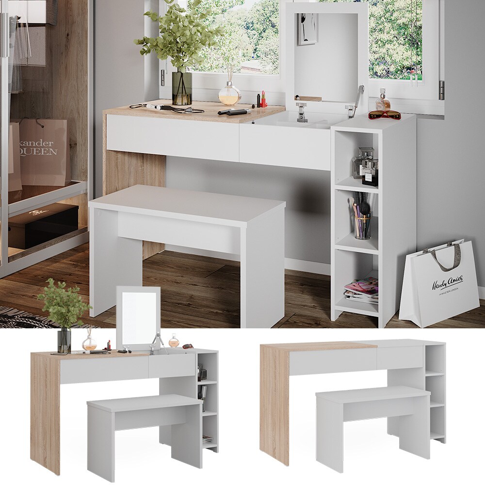Vicco Schminktisch Kira, 129 x 76 cm, Weiß Sonoma, Frisiertisch, Spiegel, Bank, modern