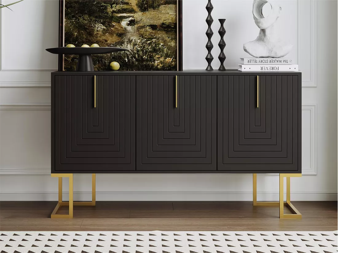 Buffet moderne avec étagères réglables - 3 portes à motif de U - poignées et base en métal - Noir