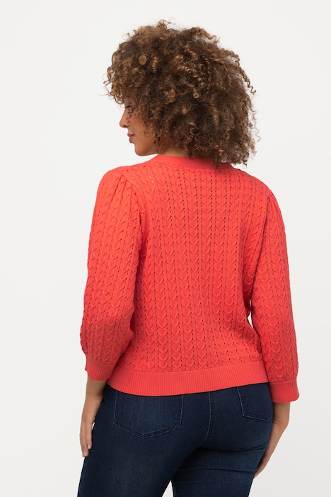 Strickjacke, Zopf-/Ajourmuster, V-Ausschnitt, 3/4-Arm