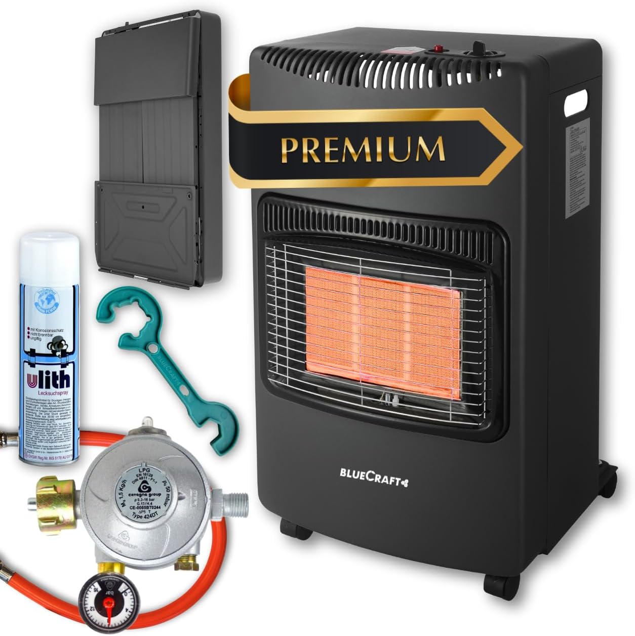 Bluecraft Gas-Ofen Heizofen in PREMIUM QUALITÄT Gasheizer für INNENRÄUME Infrarot Heizstrahler Notofen 4,2 kW | Camping-Heizung mit Haushaltsregler, Gasschlauch, Gasflaschenschlüssel, Lecksuchspray
