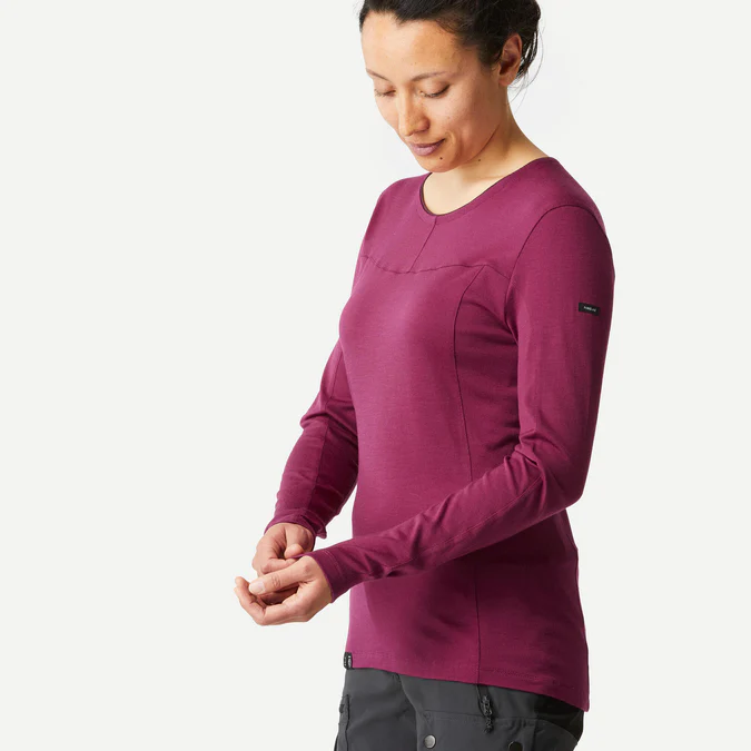 Decathlon Forclaz - Camiseta feminina de manga comprida Forclaz MT500 em lã merino - BORDÔ
